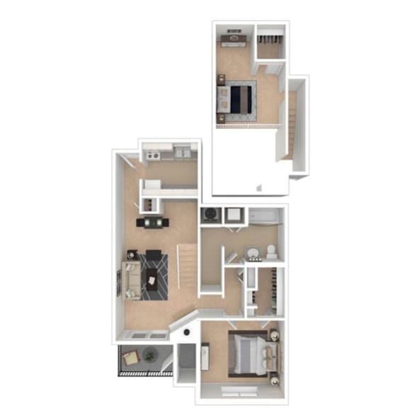 A floor plan of a house with a kitchen, living room, and two bedrooms.