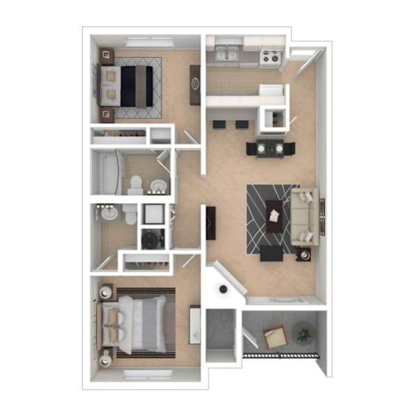 A 3D floor plan of a small apartment with a kitchen, living room, and two bedrooms.