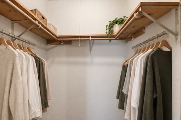 Clothes hanging on a rack in a room.