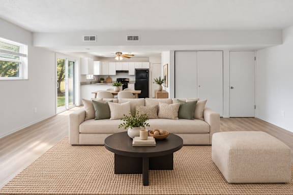 A modern living room with a large couch and a coffee table.