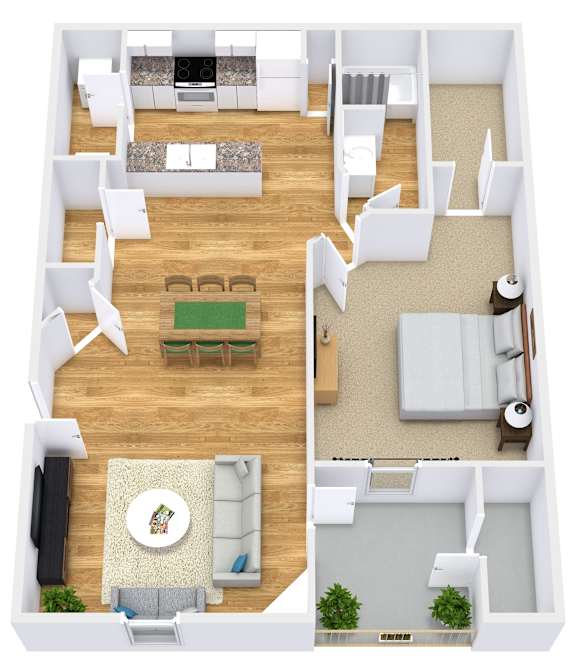 A top-down view of a living room with a couch, coffee table, and television.