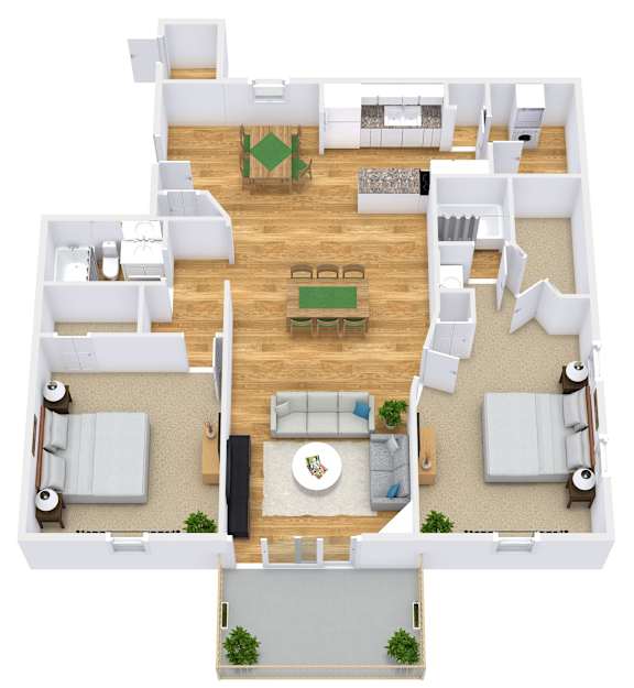 A top-down view of a modern apartment layout with a central living area and surrounding rooms.