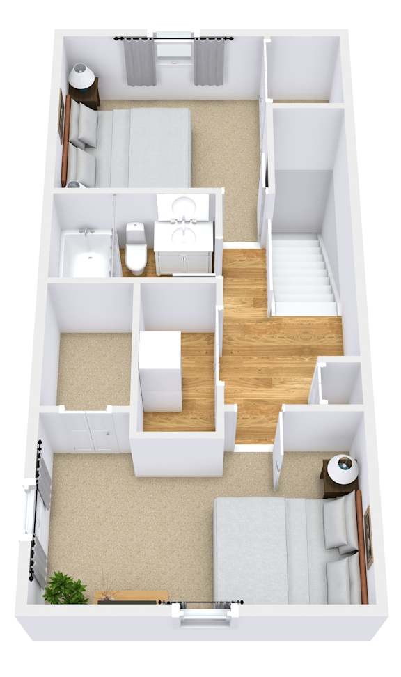 A 3D floor plan of a small apartment with a kitchen, living room, and bathroom.