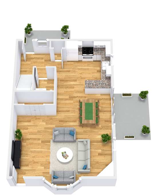 A top-down view of a living room with a sofa, coffee table, and kitchen area.