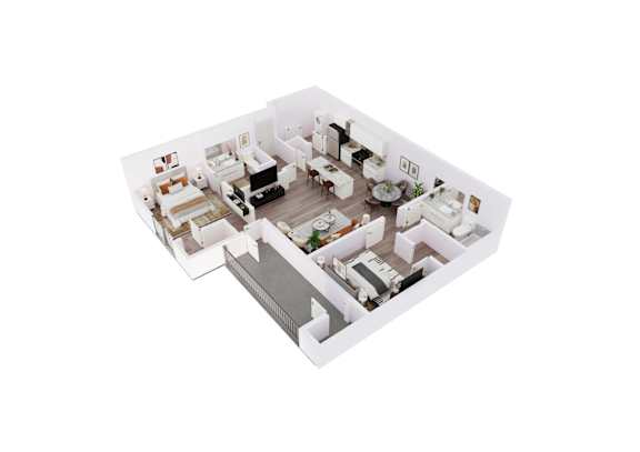 A 3D model of a house with a kitchen, living room, and two bedrooms.