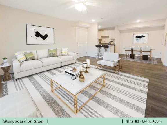 a living room with a couch and a table