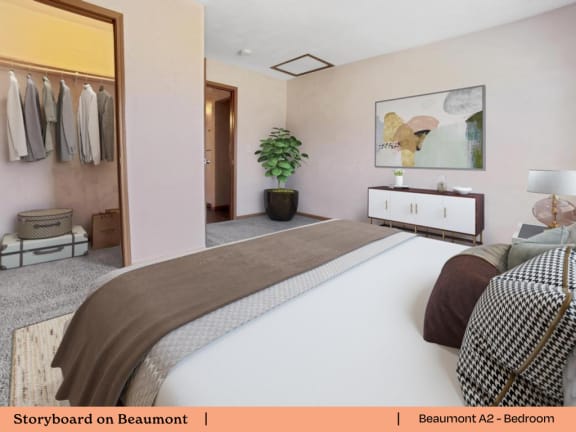 a bedroom with a bed and a closet