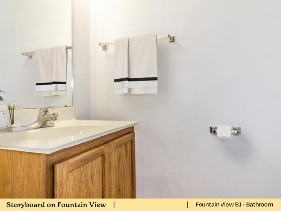 A bathroom with a sink and towel racks.