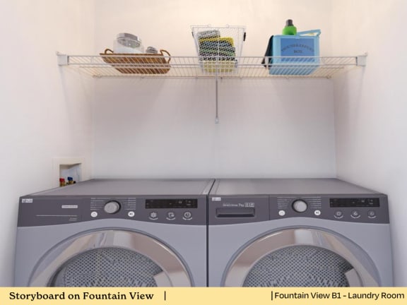 a laundry room with a washing machine and a shelf above it