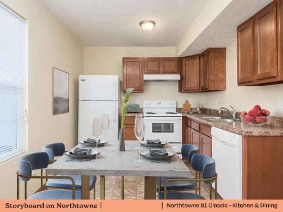 A kitchen with a table set for four.