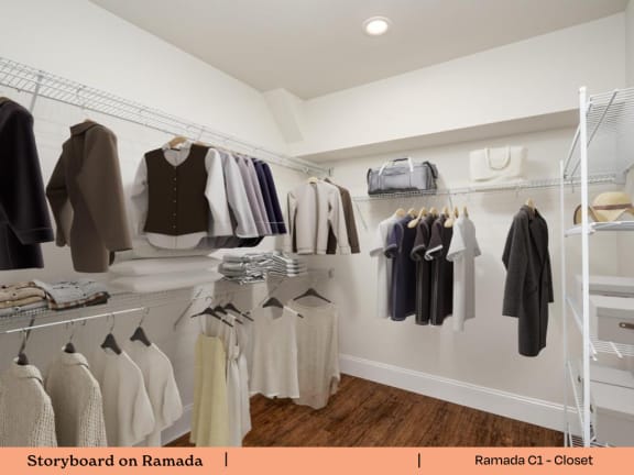 a walk in closet with a rack of clothing and a closet organizer