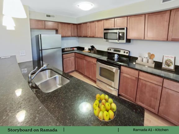 a kitchen with wooden cabinets and granite counter tops