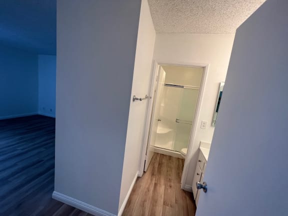 a bedroom with a closet and a bathroom with a mirrored door