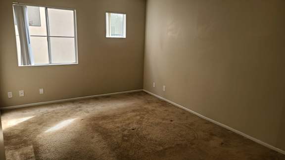 A room with a carpeted floor and two windows.
