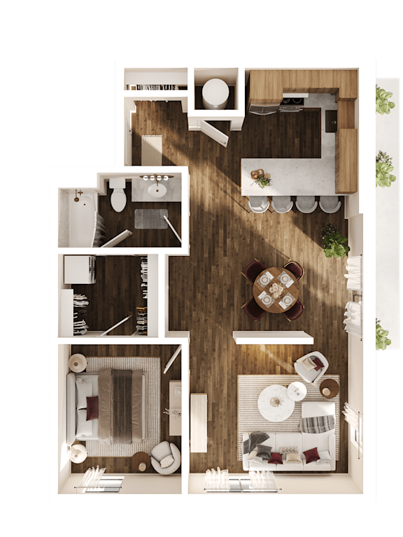A top-down view of a kitchen with a dining table and chairs.
