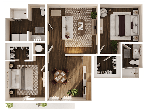 A top-down view of a room with a dining table and chairs, a couch, a bed, and a bathroom.