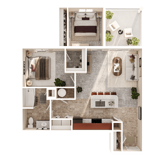 A top-down view of a house layout with a kitchen, living room, and bathroom.