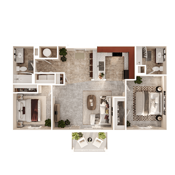 A top-down view of a house layout with a kitchen, living room, and bathrooms.