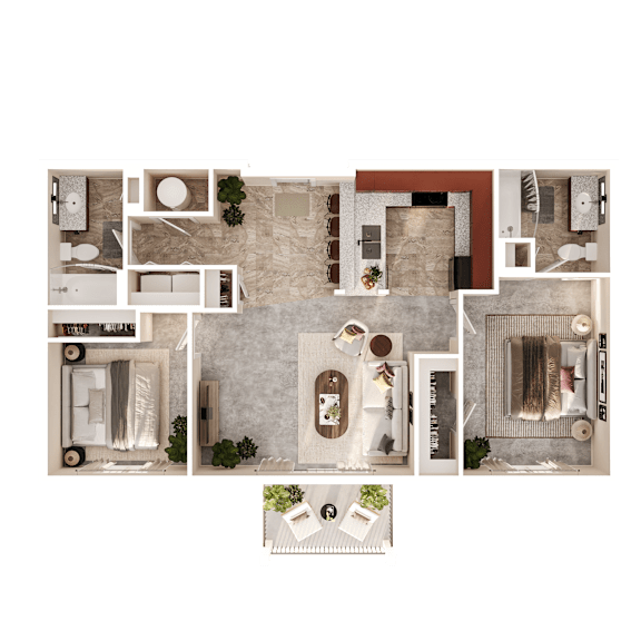 A top-down view of a house layout with a kitchen, living room, and bathrooms.