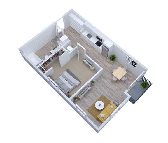 an illustration of the upstairs floor plan of a 1 bedroom apartment