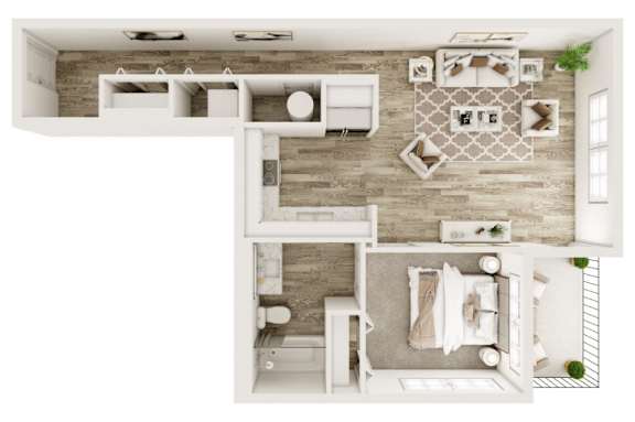 A top-down view of a modern kitchen and living room with white furniture and a wooden accent wall.