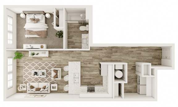 A white and wood themed living room with a couch, coffee table, and a potted plant.