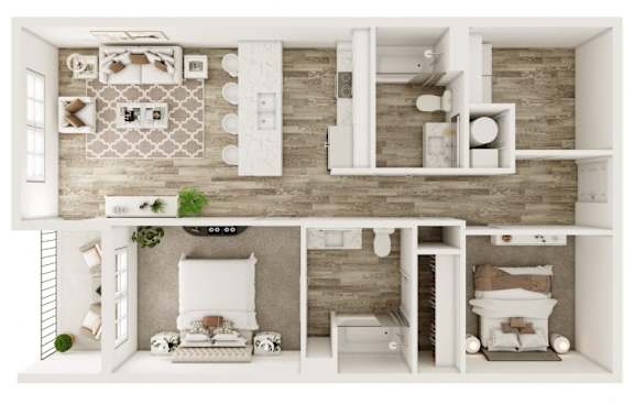 A dollhouse with a white and brown color scheme.