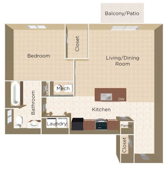A floor plan of a small apartment with a bedroom, living/dining room, kitchen, bathroom, and laundry room.