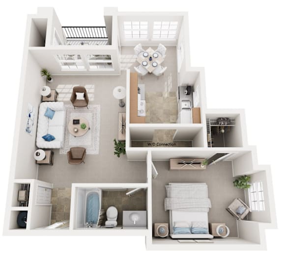 A 3D floor plan of a house with a living room, kitchen, and bathroom.