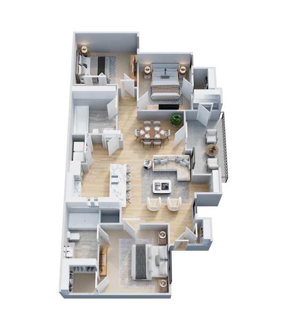 A 3D floor plan of a house with a living room, dining room, kitchen, and bedrooms.