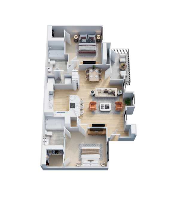 A 3D floor plan of a house with a kitchen, living room, and bedrooms.