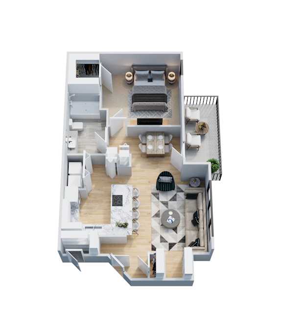 A top-down view of a modern apartment layout.