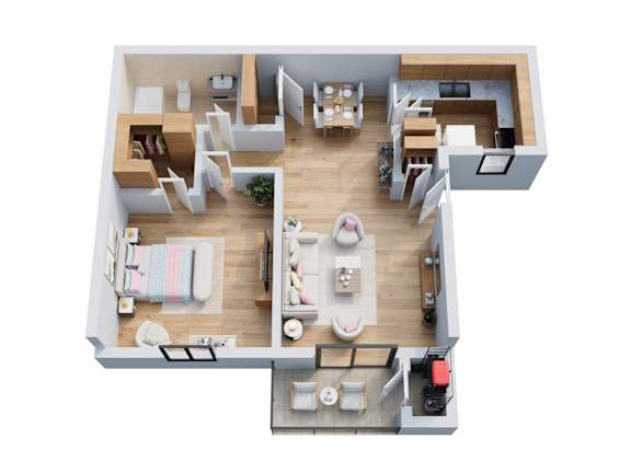 A top-down view of a small apartment with a kitchen, living room, and bedroom.