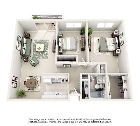A drawing of a house with a kitchen, living room, and two bedrooms.