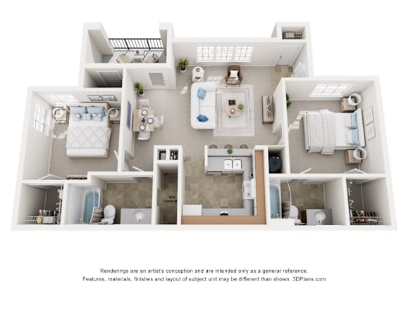 A 3D floor plan of a house with two bedrooms, a living room, a kitchen, and a bathroom.