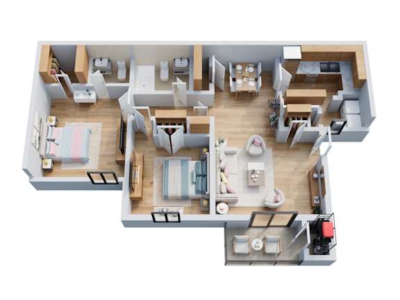 A top-down view of a well-furnished apartment.