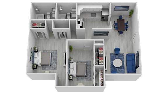 A top down view of a small apartment with a kitchen, living room, and two bedrooms.
