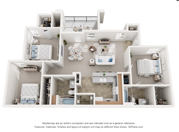 A 3D floor plan of a house with multiple rooms and furniture.
