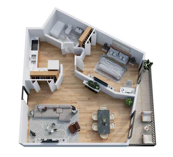 A top down view of a modern apartment with a kitchen, living room, and bedroom.