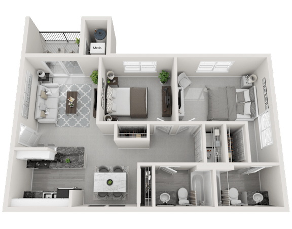A 3D floor plan of a small apartment with a kitchen, living room, and bathroom.