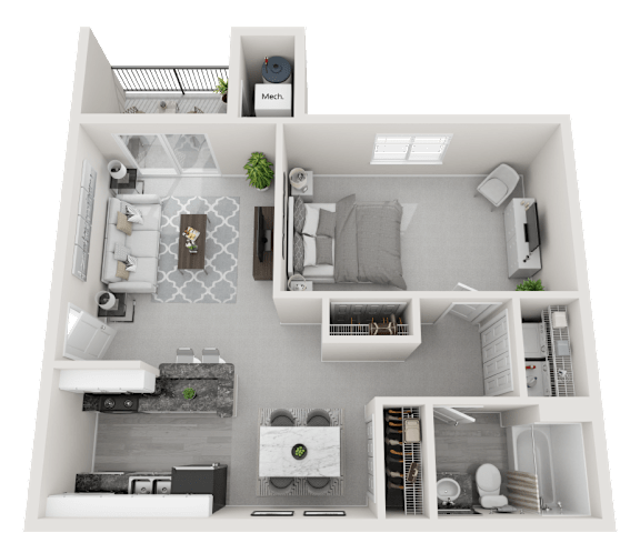 A 3D floor plan of a small apartment with a kitchen, living room, and bathroom.