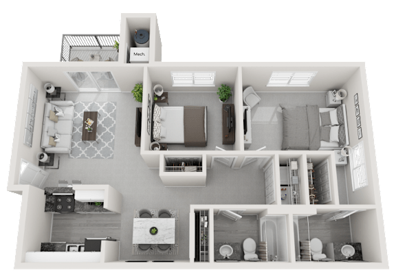 A 3D floor plan of a house with a kitchen, living room, and bathroom.