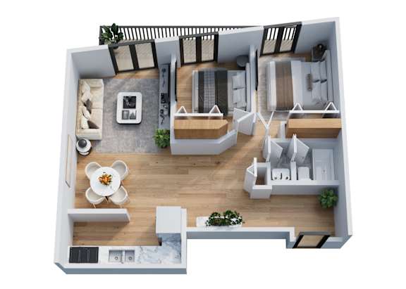 A 3D floor plan of a house with a kitchen, living room, and two bedrooms.