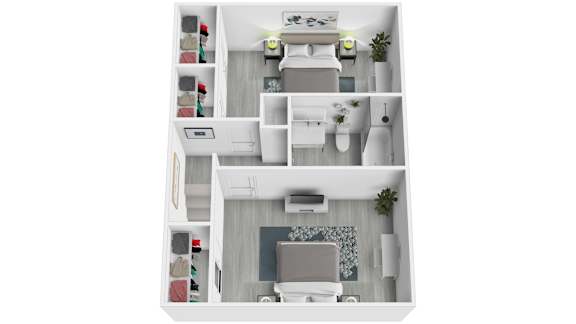 A white image of a small apartment with a kitchen, bathroom, and living room.