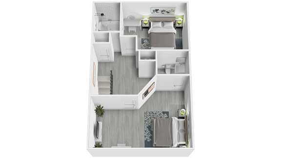 A white floor plan of a house with a kitchen, living room, and bedrooms.