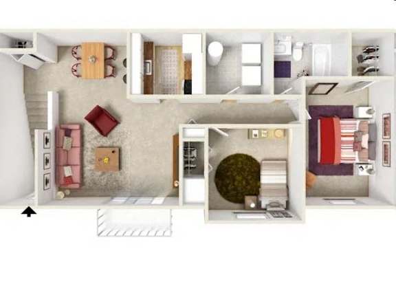 A top down view of a house interior with a living room, kitchen, and bathroom.