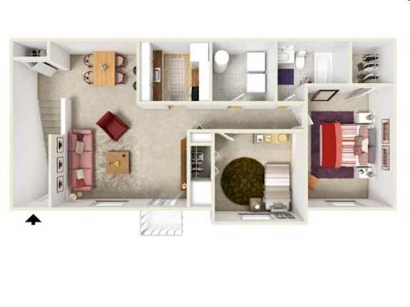 A top down view of a house interior with a kitchen, living room, and bathroom.