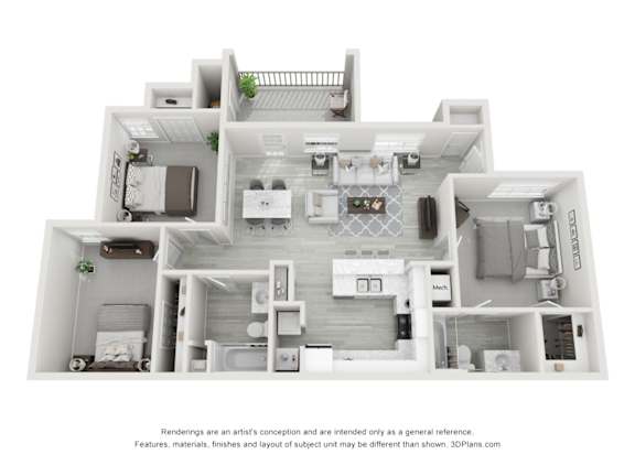 A 3D floor plan of a house with a kitchen, living room, and two bedrooms.