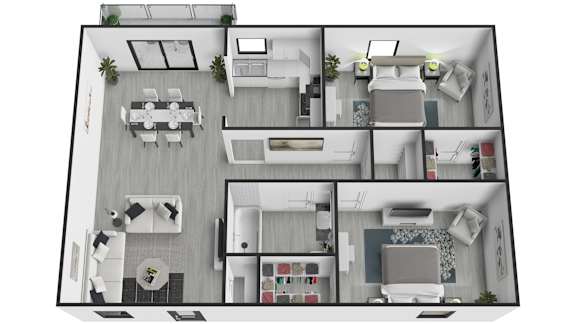 A top-down view of a modern apartment layout with a kitchen, living room, and bedrooms.