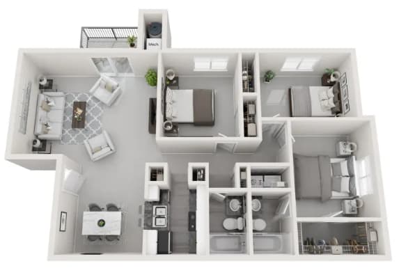 A white floor plan of an apartment with a kitchen, living room, and bathroom.